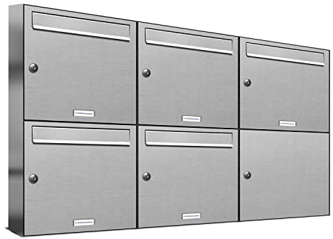 AL Briefkastensysteme 5er Briefkastenanlage Edelstahl, Premium Briefkasten DIN A4, 5 Fach Postkasten modern Aufputz