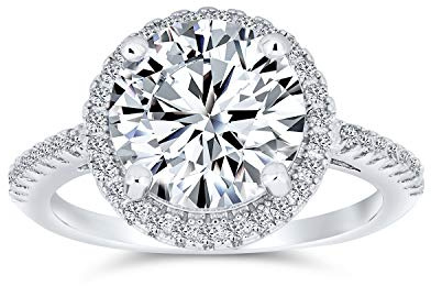 Bague de fiançailles solitaire halo classique traditionnelle 3CT AAA CZ ronde brillante pour femmes en argent sterling .925 plaqué or 14K pavé de zircon cubique avec bande fine.