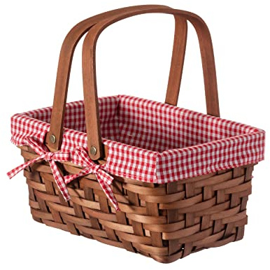 Wickerwise Small Rectangular Woodchip Picnic Baskets with Double Folding Handles, Natural Hand-Woven Basket Lined with Gingham Red and White Lining Great for Gifts