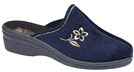 Ladies Fleece Helen Comfort Warm Velour House Slip On Wedge Mules Slippers Shoe Navy 5 UK