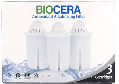 Biocera Alkaline Water Filter Jug Replacement Cartridges - Pack of 3 - Produce Alkaline, Antioxidant, Hydrogen Rich Water - NSF Certified - Cost Effective - 6 Months Supply