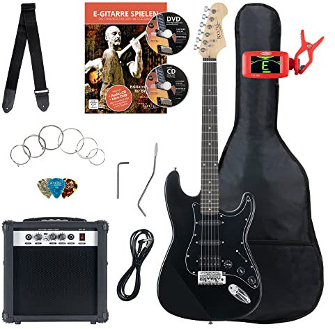 Rocktile ST-Pack Komplettset Power E-Gitarre Schwarz (Verstärker, Stimmgerät, Tremolo, Tasche, Kabel, Gurt, Plecs, Ersatzsaiten und Schule mit CD/DVD)
