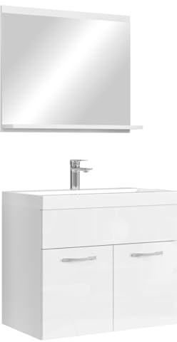 Badplaats Badmöbel Komplettset Montreal 02 60 x 35 cm Hochglanz Weiß - Badezimmermöbel mit Waschbecken und Spiegel