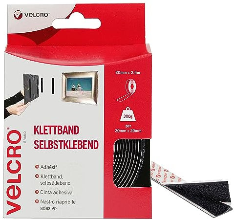 VELCRO Brand Stick On Black, Hook and Loop Tape Self Roll 20mm x 2.5m. Cut-to-Length Strong and Secure Adhesive Strips. Perfect Home, Office and Garage Fasteners Solution