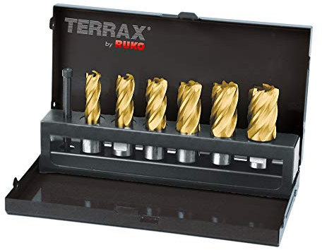 TERRAX Kernbohrer-Satz HSS-TiN mit Weldonschaft (3/4), CBN geschliffen, in Industriekassette, Titan-Nitrid-Beschichtung, Auswerferstift, 7-teilig