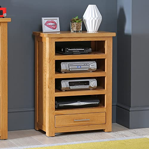 The Furniture Market London Oak Hi-Fi Media Stand – Modern TV Unit with 4 Shelves, Solid North American Oak, Versatile Storage for Hi-Fi, DVD Players, Game Consoles - H 780mm x W 560mm x D 320mm