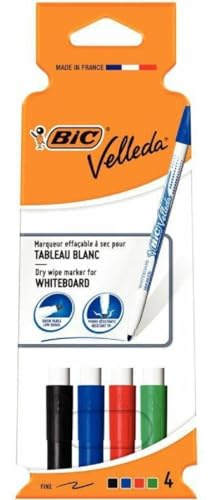 BIC Velleda 1721 Whiteboard Markers - Assorted Colours, Pack of 4, Dry Erase Pens for School or Office