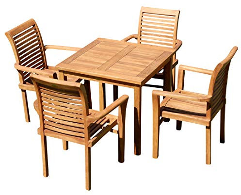 ASS ALEOS. Teak Set Gartengarnitur Gartenset Sitzgruppe Gartentisch 80x80cm mit 4 Stapelsessel Serie Alpen Teakholz Gartenmöbelset Esstischgruppe Sessel stapelbar