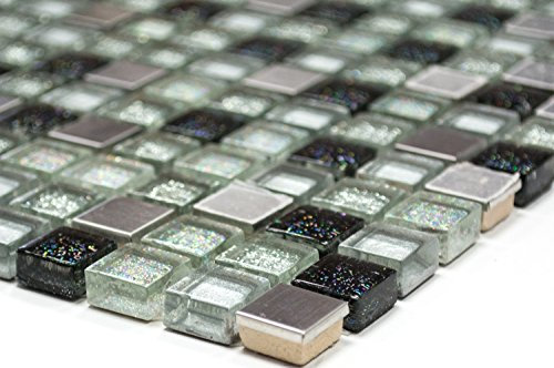 Mosaik Quadrat Crystal/Stahl mix silber/schwarz Glasmosaik Transluzent Transparent 3D, Mosaikstein Format: 15x15x8 mm, Mattengröße: 305x322 mm, 1 Matte