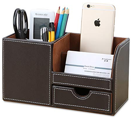 KINGFOM 4 Compartiments Multi-fonctionnels Organisateur de Bureau (Marron)
