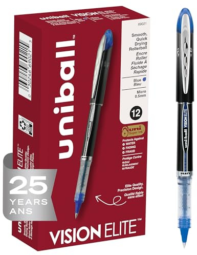 uni-ball uniball Vision Elite Rollerball Pens with 0.5mm Fine Point Micro Tip, Blue, 12 Count