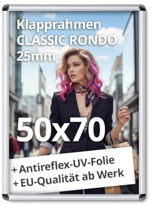 net-xpress® Klapprahmen 50 x 70 cm DIN B2 Plakatrahmen 25 mm silber | mit Antireflex-Folie | Posterrrahmen mit abgerundeten Ecken | inkl. Schrauben & Dübel | Wechselrahmen 50x70 cm Hoch- & Querformat