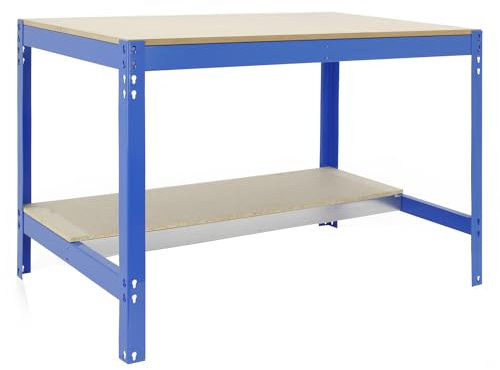 Simon Rack Banco da lavoro per officina, capacità di carico 600 kg, 842x1210x760 mm, tavolo da lavoro fai da te, Blu/Legno - BT0