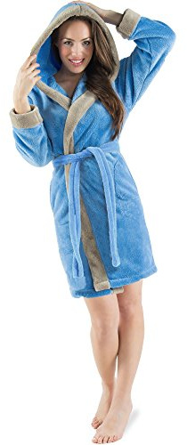 CelinaTex XS-XXXL Bademantel Kapuze zweifarbig kurz seitliche Eingrifftaschen Damen Sherpa Kuschelfleece Morgenmantel, Sauna, Spa, Pool, Bad, flauschig und komfortabel - OEKO-TEX Kos
