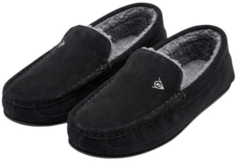 DUNLOP MS130A-7 Men's Lewis Moccasin Slippers with Faux Sheepskin Lining, Memory Foam Insole, Black, Size 7