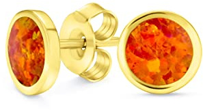 Pendientes de tuerca de ópalo de fuego blanco naranja creado, clásico simple iridiscente, engaste de bisel, círculo redondo plano para mujer, chapado en oro de 14K, plata de ley .925, pequeño grande