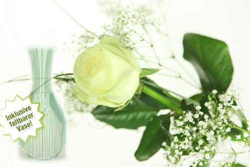 Weiße Rose mit Schleierkraut und Gräsern - Inklusive Vase und Grußkarte