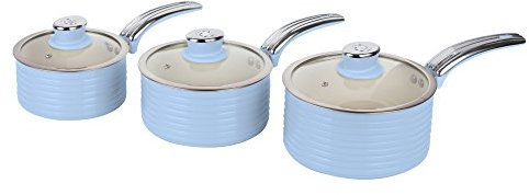 Swan SWPS3020BLN Retro Induction Saucepan Set With Glass Lids, Non Stick Ceramic Coating, Easy to Clean, Blue, 3 Piece, 16/18/20 cm