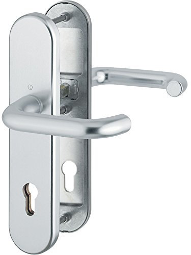HOPPE Haustür Eingangstür Drückergarnitur PARIS - DIN-Norm Entfernung 92mm, silber eloxiert, Langschild Profilzylinder für Türstärke 77-82mm, ohne Kernziehschutz, Prüfung: RC2 nach EN 1906, 1 Stück Sicherheitsbeschlag