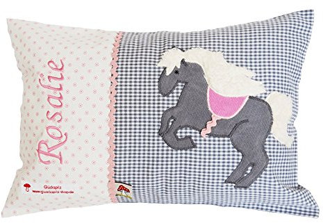 Glückspilz Namenskissen Babykissen I Pferd I mit Namen personalisiert I Geschenk zu Geburt, Taufe oder Geburtstag I Grau Rosa