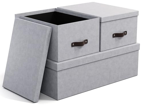 BIGSO INGE 3er-Set Aufbewahrungsboxen für das Schlaf-, Kinder-, Arbeits- oder Badezimmer – Ordnungsbox mit Deckel – Aufbewahrungskisten in Leinenoptik – grau