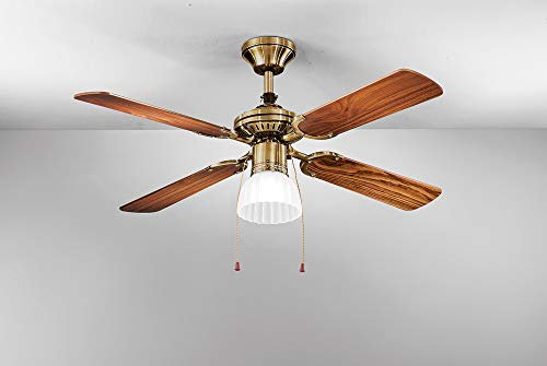 Ventilatore da soffitto con luce in metallo colore ottone brunito 4 pale Ø 105 x H. 42 Kit luce vetro satinato Ø 15cm 1xE27 Max 60W Potenza motore 22W-45W Comandato a catenelle Telecomando ordinabile Lampadario con pale Reversibile PERENZ 7064OB