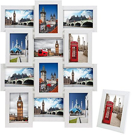 SONGMICS Cornice 10x15 cm Multifoto da Parete Posti di Foto e Un Portafoto Singolo da Tavolo Bianco con Venatura del Legno RPF112W, Confezione da 12, unità