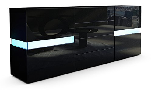 Vladon Sideboard Flow, Made in Germany, Schwarz matt/Schwarz Hochglanz inkl. LED - Moderne Kommode mit Ambient Light Verglasung für Ihr Wohnbereich (177 x 75 x 39 cm)