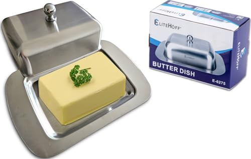 EliteHoff Butterdose Edelstahl mit Deckel, Butterbehälter mit Griff, Butterbox, Butterschale Metall 19x12 cm für 250g Butter (Silber)