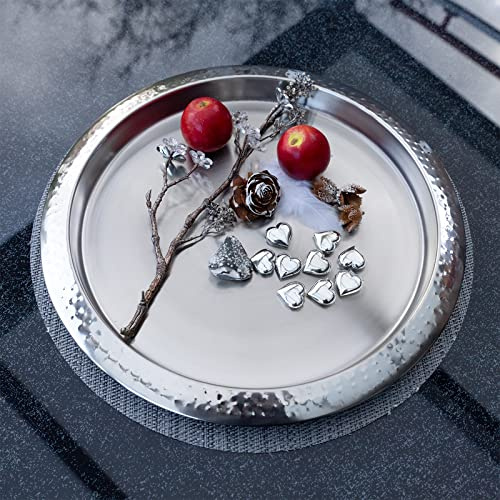 2er-Set Silber Tablett rund Ø 35 cm Serviertablett Dekoteller Kerzentablett Dekoplatte Metalltablett Teetablett Küchentablett Dekotablett Edelstahl Hochglanz Silbertablett rundes Tablett Deko Tablett