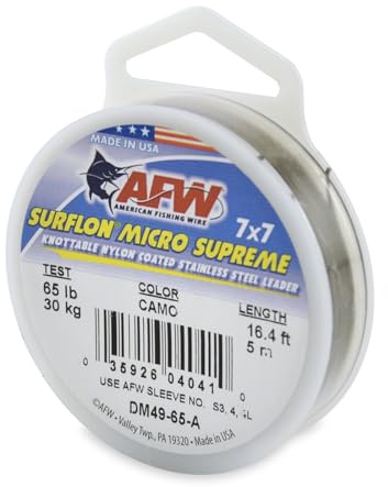 American Fishing Wire Surflon Micro Supreme, Nylon Coated 7x7 Stainless Steel Leader Wire, 65 lb Test, 030 Diameter, Camo, 5 m