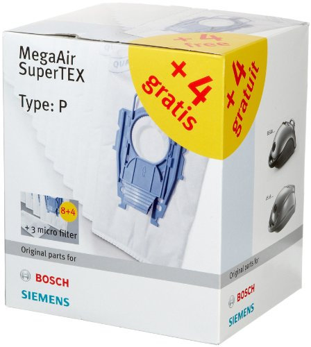 Bosch 12x Staubsaugerbeutel Typ P und 3x Mikrofilter MegaAir SuperTEX BBZ123FP, 99,9% Feinstaubfilterung, hohe Reinigungsleistung, passend für Reihe BSG