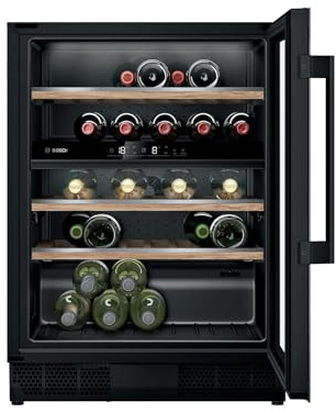 Bosch KUW21AHG0 Serie 6 Weinkühlschrank, 82 x 30 cm, 44 Flaschen, Temperatur: 5-20 °C, zwei Temperaturzonen, 120 L, LED-Beleuchtung gleichmäßige Ausleuchtung, ausschaltbares Präsenterlicht