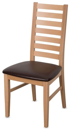 KEHO Esszimmerstühle 6er Set – bis 150 kg belastbar, Massivholz Buche mit Sprossenlehne und Kunstleder-Polstersitz, fertig montiert, stabile Stühle für Esszimmer & Küche (Natur-Braun, CH002)