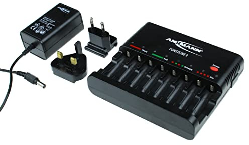 ANSMANN Cargador de batería Powerline 8 con enchufes de Reino Unido y UE y Luces LED