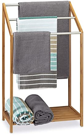 Relaxdays Handtuchhalter Bambus, 3 Handtuchstangen, Freistehend, Ablage, modern, HxBxT: 85 x 51 x 31 cm, natur