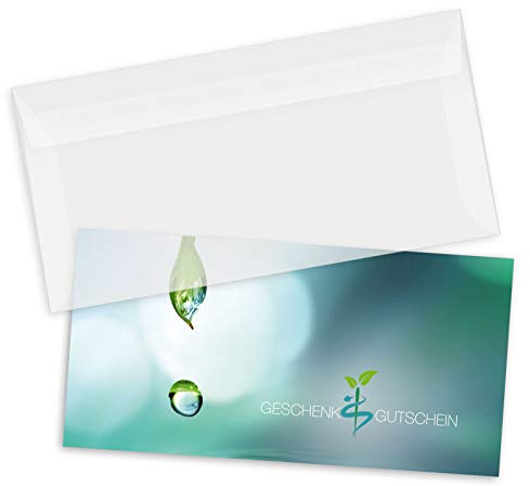 GESCHENKGUTSCHEINcom by POS-HAUER. Gutschein-Set. 10x Gutschein + Kuvert. Für Naturheilkunde Homöopathie Apotheke, blanko zum selber Ausfüllen.