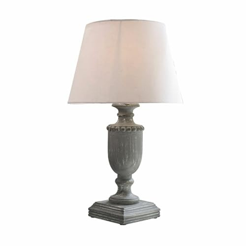 LOBERON Tischlampe Fairland, Traditionelle Handarbeit, Lampenfuß in Klassischer Polalform, Antike Anmutung, Tischleuchte, Baumwolle, Mangoholz, weiß/antikgrau