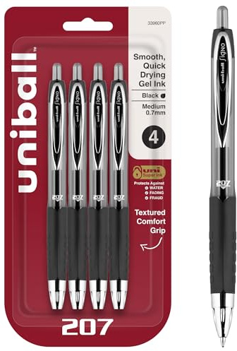 uni-ball® 207™ Retractable Fraud Prevention Gel Pens, Medium Point, 0.7 mm, Black Barrels, Black Ink, Pack of 4