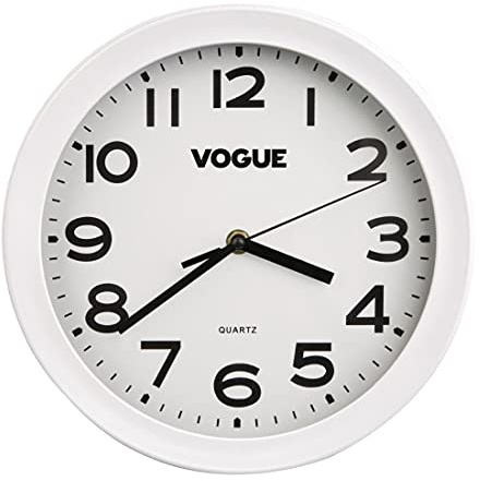 Vogue White Kitchen Wall Clock 250mm / 10 - Durable Plastic for Commercial Kitchens, Large Numbers, Easy Clean K978 | Rear hook allows easy mounting, with a robust APS plastic casing and glass face protecting against busy service spills.