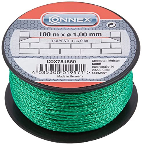 Connex Maurerschnur grün - 100 m Länge - Ø 1,0 mm - Polyester geflochten - Knotenfest - Reißfest & Belastbar - Auf Spule / Richtschnur / Bauschnur / Lotschnur / Pflasterschnur / COX781560