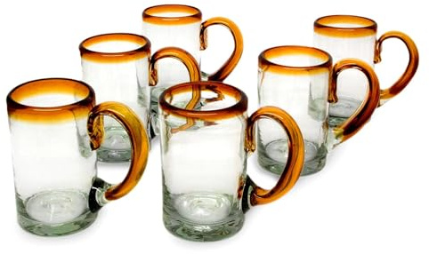 NOVICA Artisan Handblown Glass Beer Glasses with Amber Handle Rim Set of 6 Yellow Mexico Tableware Drinkware Recycled Potters Clay Backyard Barbeque Eco Friendly Hacienda [ 5in H x 5in W x 3.1in D 13]