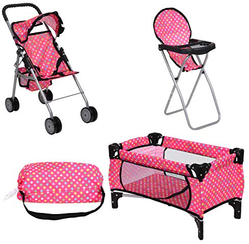 Fash n kolor 3 Piece Baby Doll Play Set – Polka-Dot Design Pack n Play, Foldable Doll Stroller, High Chair – Fits 18 Inch Dolls – Pretend Play Doll Nursery Accessories Set