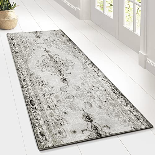 casa pura Teppichläufer im Vintage Look - brilliante Farben - hochwertige Meterware, gekettelt - Kurzflor Teppich Läufer - Küchenläufer, Flurläufer (Grau, 80x600 cm)