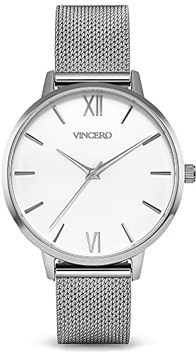 Vincero Luxury Women's Eros Wrist Watch - Mesh Watch Band - 38mm Analog Watch - Japanese Quartz Movement (Silver + White)