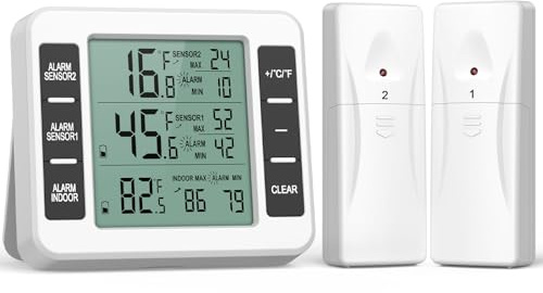 (UPGRADED) AMIR Refrigerator Thermometer, Wireless Indoor Outdoor Freezer Thermometer, Sensor Temperature Monitor with Audible Alarm Temperature Gauge for Kitchen, Freezer, Home (Battery not Included)
