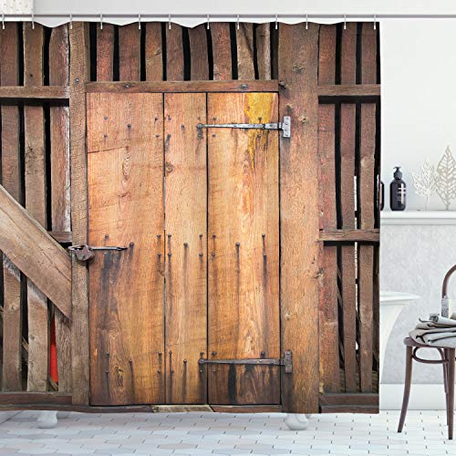 ABAKUHAUS Rustikal Duschvorhang, Dated Tür Barn House, Stoffliches Gewebe Badezimmerdekorationsset mit Haken, 175 x 200 cm, Schokolade