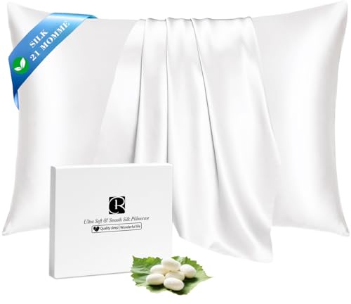 Ravmix 100% Silk Pillow Cases with Zipper, 21 Momme Mulberry Silk Pillowcase for Hair Skin Health, Soft Smooth Breathable Cool Pillow Cover for Beauty Sleep(Standard 20x26, Ivory White) 1PC