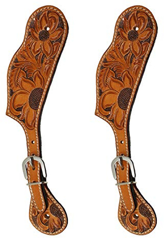 CHALLENGER Western Cowboy Boot Leather Hand-Tooled Floral Spur Straps Tan 74155