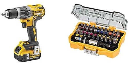 DEWALT - Perceuse Visseuse à Percussion Compact Brushless XR 18V Li-Ion 5Ah & Coffret de 32 Embouts de Vissage de 25mm Robustes et Précis - DT7969-QZ – Assortiment de 32 Embouts de Vissage avec Porte